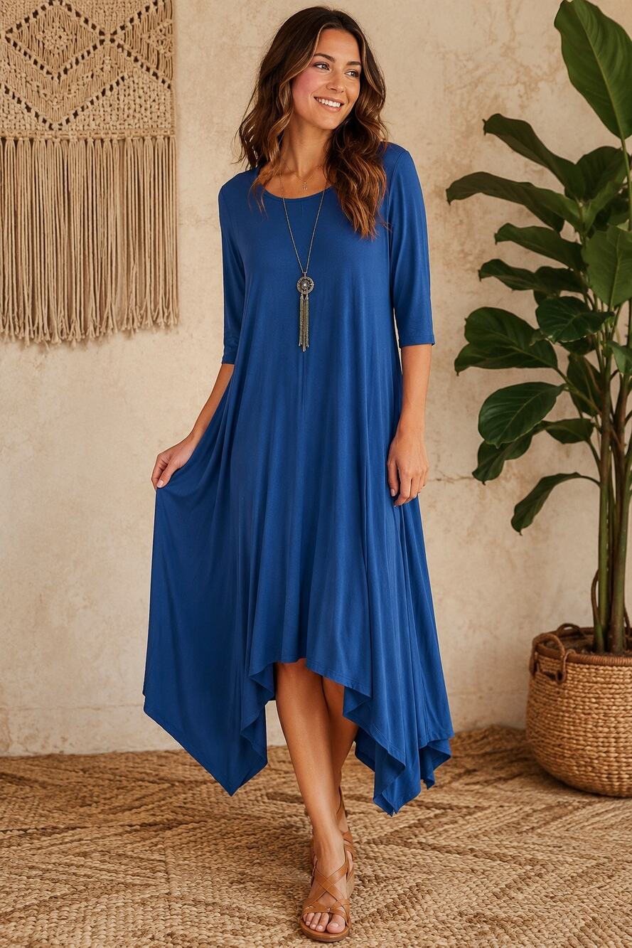 Love in Jersey Knit Midi Blue Asymmetrical Hem 3/4 Sleeve Dress Small Stretch